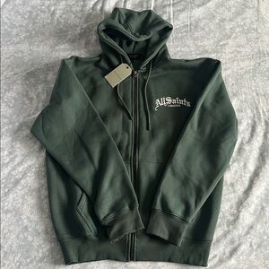 All Saints London Embroidered Zip-Up Hoodie. Colour Green. Size XL.